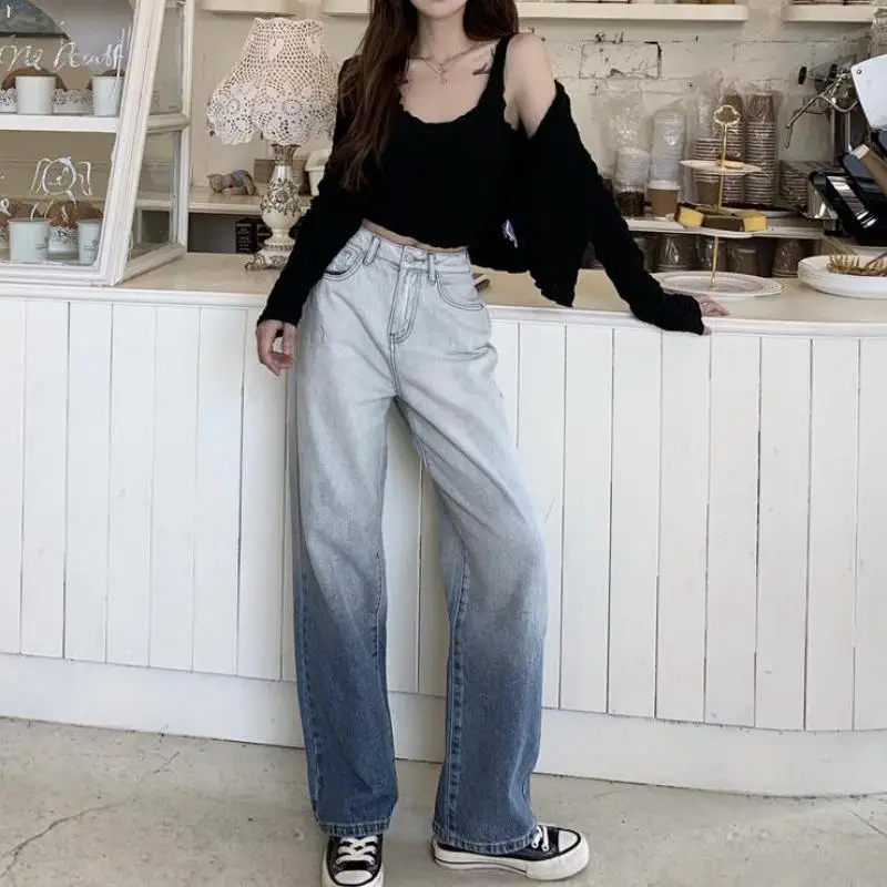 

Vintage Gradient Color High Waist Straight Jeans Pant for Women Streetwear Slim Female Denim Jeans Ladies Jeans