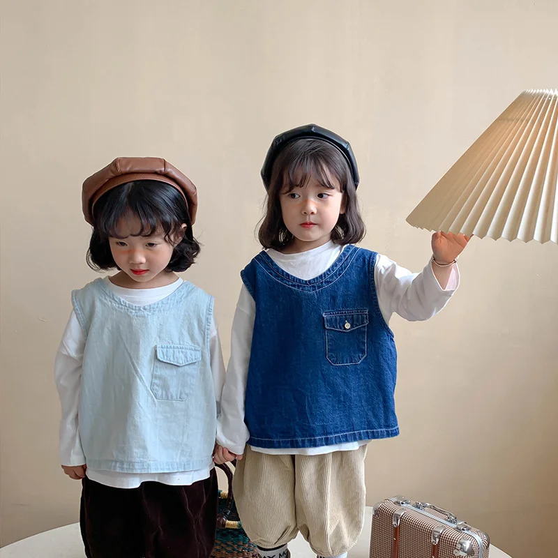 

Spring autumn children fashion loose denim vest 2-7 years boys and girls pockets back single breasted Sleeveless Waistcoat Tops