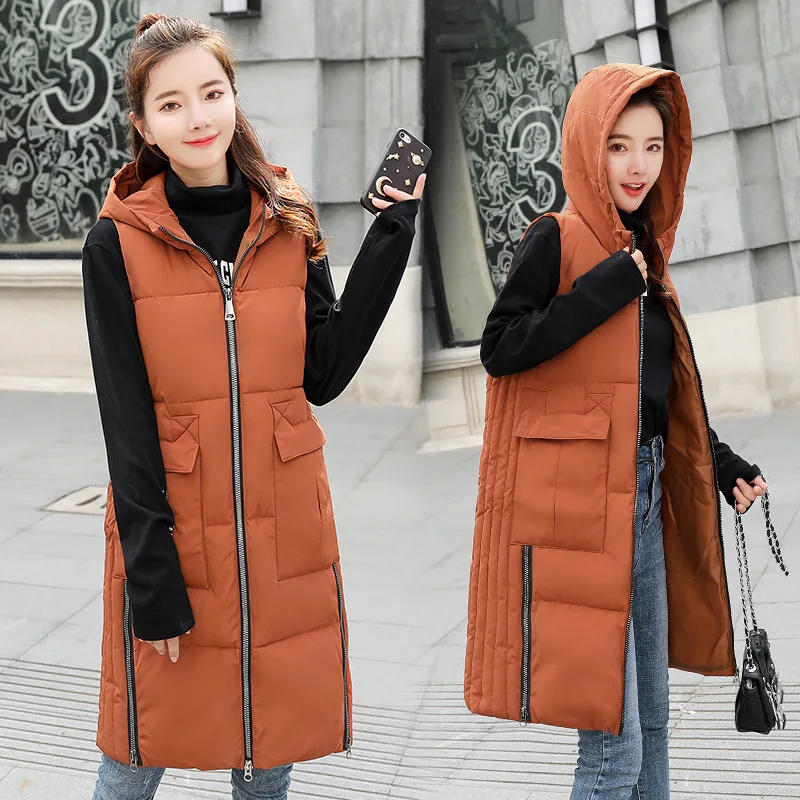 

Sleeveless Down Cotton Vest Women Warm Jacket Slim Medium-long Overcoat Plus Size Female Hooded Vest Coat Autumn Winter Nice Ne