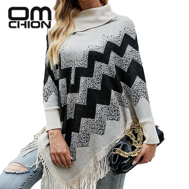 

OMCHION Korean Style Shawl Cloak Sweater Women Half Open Neck Batwing Sleeve Loose Poncho Coat Retro Patchwork Knitwear Winter