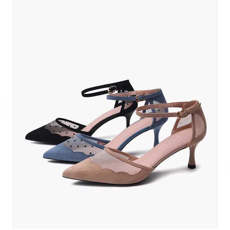 Босоножки женские на высоком каблуке сетчатые замшевые сандалии с прострочкой