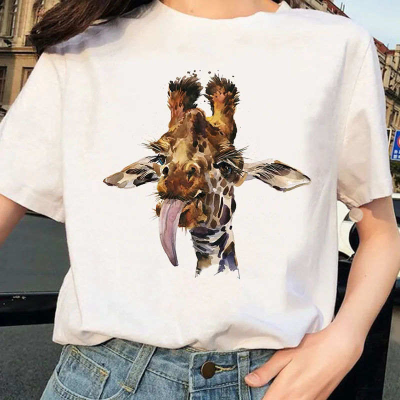 

WK Summer Giraffe Print T Shirts New for Women Cartoon Casual T-shirt Harajuku Summer Female Tshirt White Tops Tee