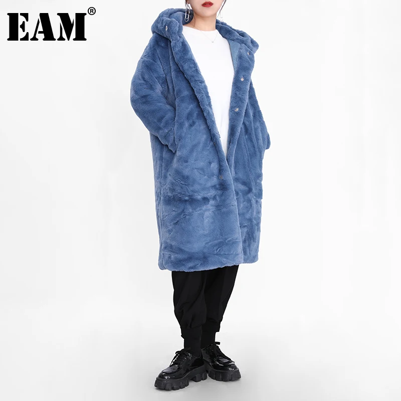 

[EAM] свободный крой, синий, большой размер, теплая длинная куртка с искусственным мехом, новинка, с капюшоном, с длинным рукавом, Женское пальт...