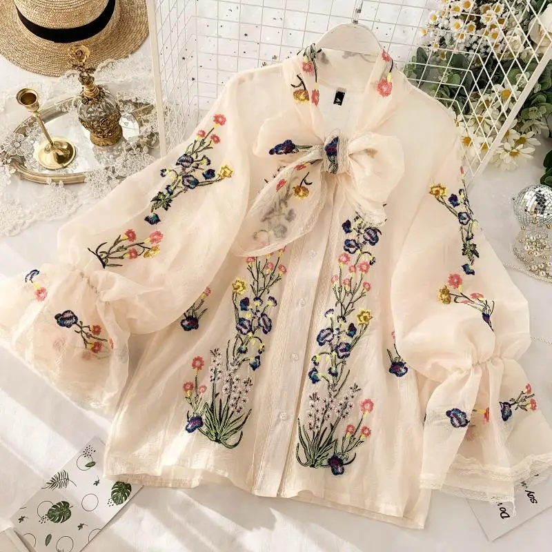Женская винтажная блузка с вышивкой свободная рубашка во французском стиле