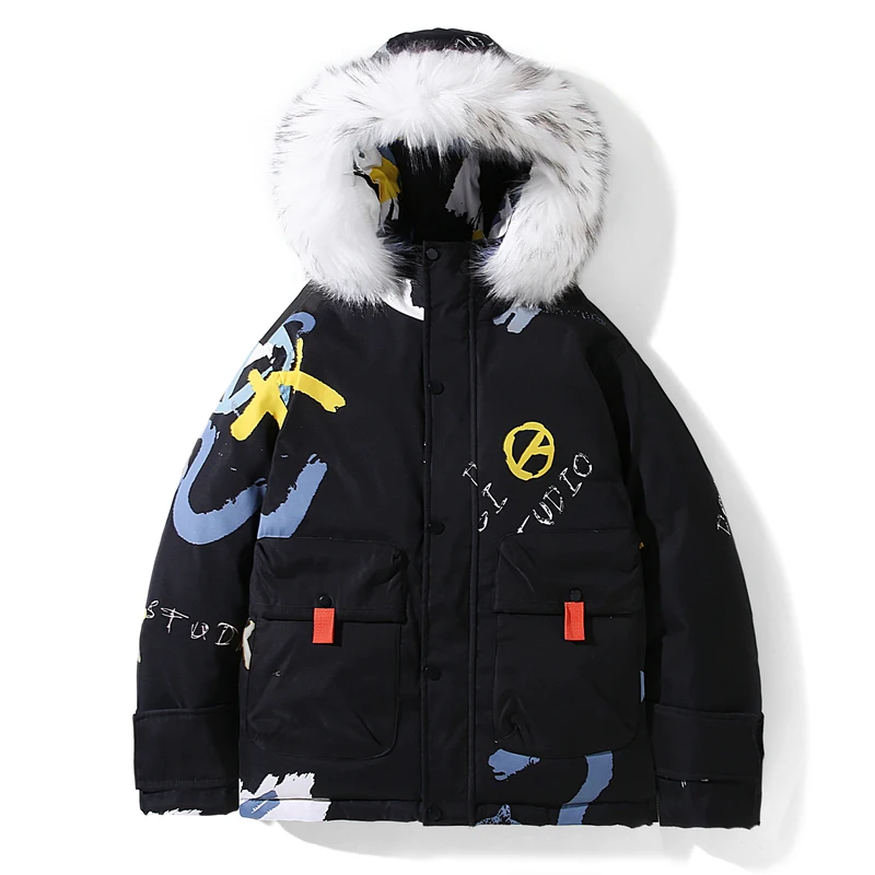 Winter Men's Clothing Graffiti White Duck Down Jacket Parkas Man Thicken Warm Snow Jackets Coats Male Windbreaker Parkas Coat
