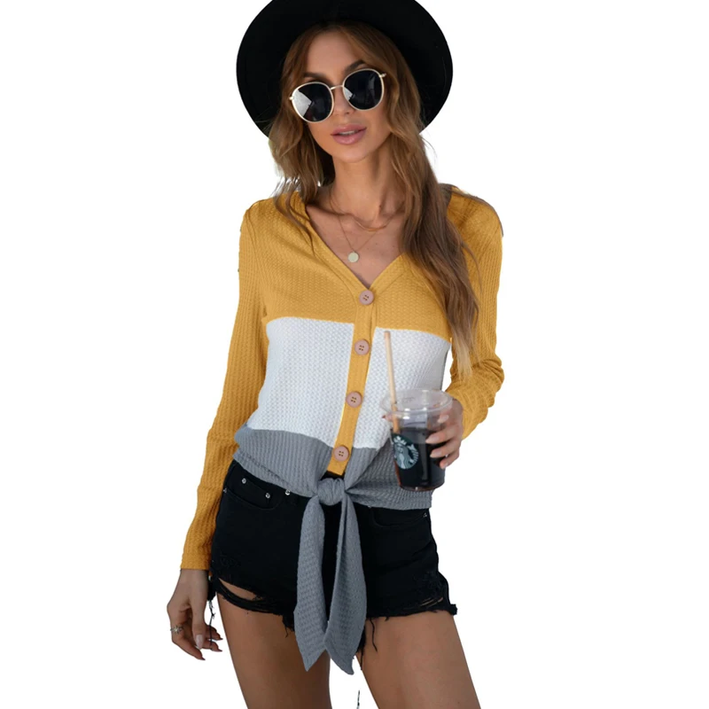 

Women Sweater Three Color Splicing V-neck Button Lace Up Knit Long Sleeve Cardigan Sweaters Top Women Female Blusa Pull Femme