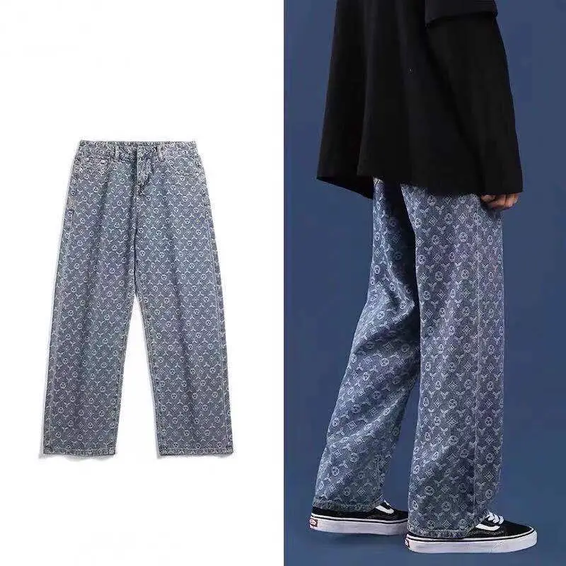 Джинсы мужские жаккардовые с широкими штанинами винтажные прямые брюки-багги