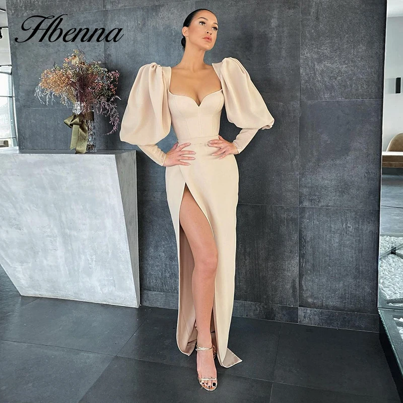 

Hbenna Loose Lantern Sleeve Party Dress Sexy Hight Side Split Floor-Length Long Dress Women Slim Solid Fashion Vintage Dresses