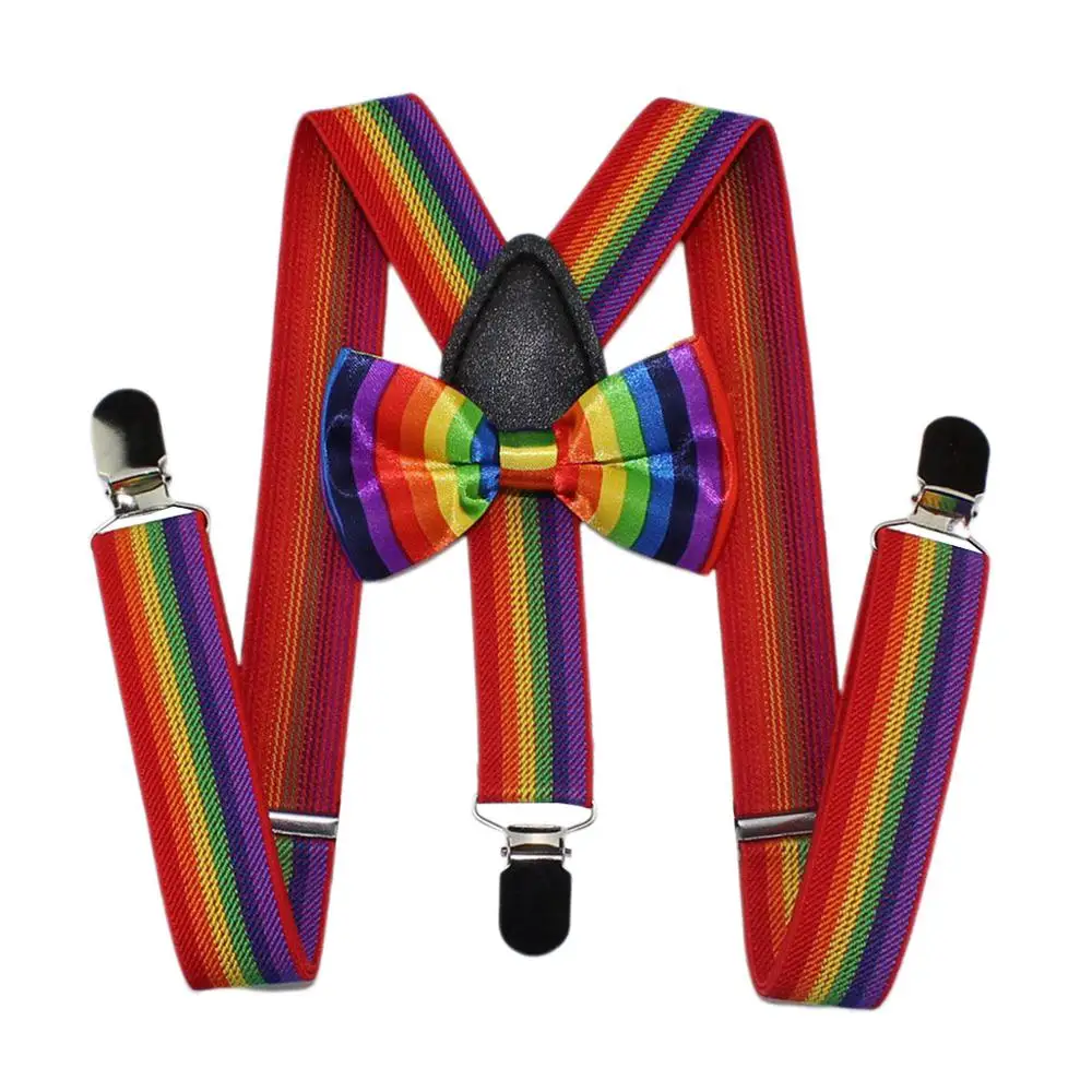 

2 Pcs Cute Fashion Kids Bow Tie Strap Clip Set Rainbow Striped Leading Knot Children Bib Pants Accessories for Boys Girls