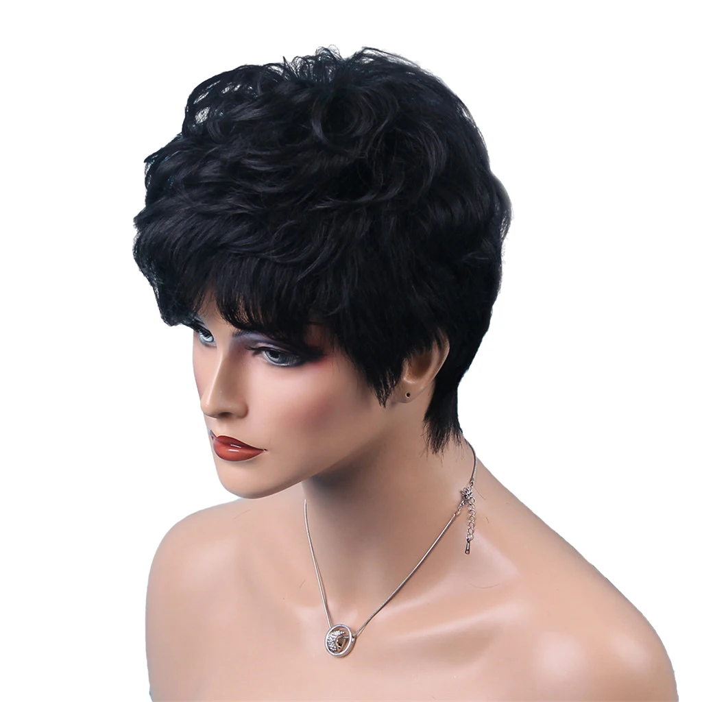 

Короткие вьющиеся натуральные парики из человеческих волос с аккуратной челкой, черные волнистые парики на всю голову для женщин с гребнем ...