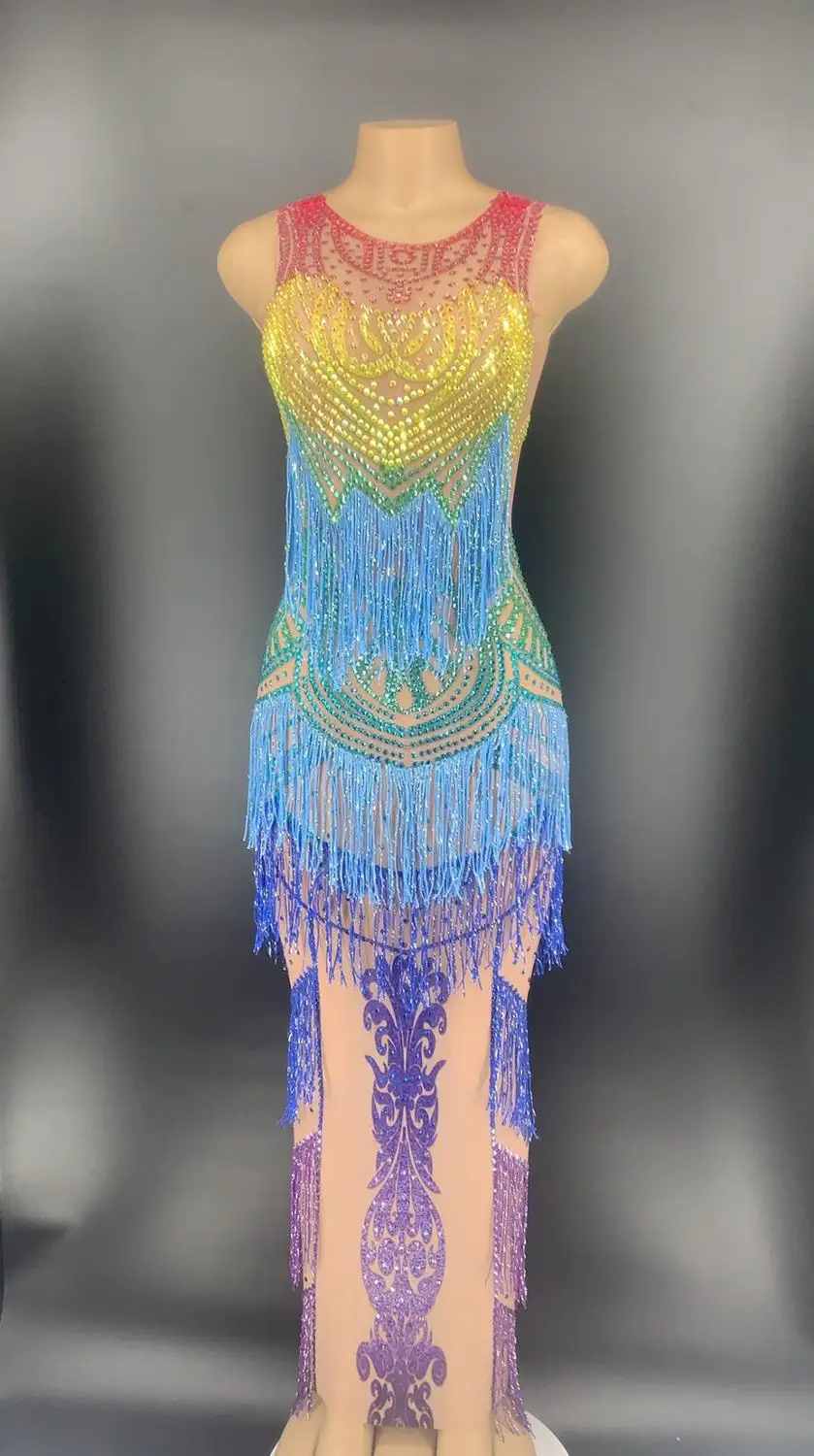 Rhinestones Tassel Mesh Dress Women Evening Party See Through Crystal Birthday Celebration Sexy Long Stage Outfits | Женская одежда