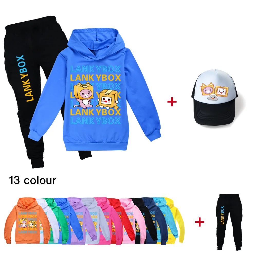 

Kids Boys Hoodies+Pants+ Hat Sets New lankybox Baby Cotton Tops Suit Spring Autumn Clothing Fashion 2-16 Y Children Sports Set