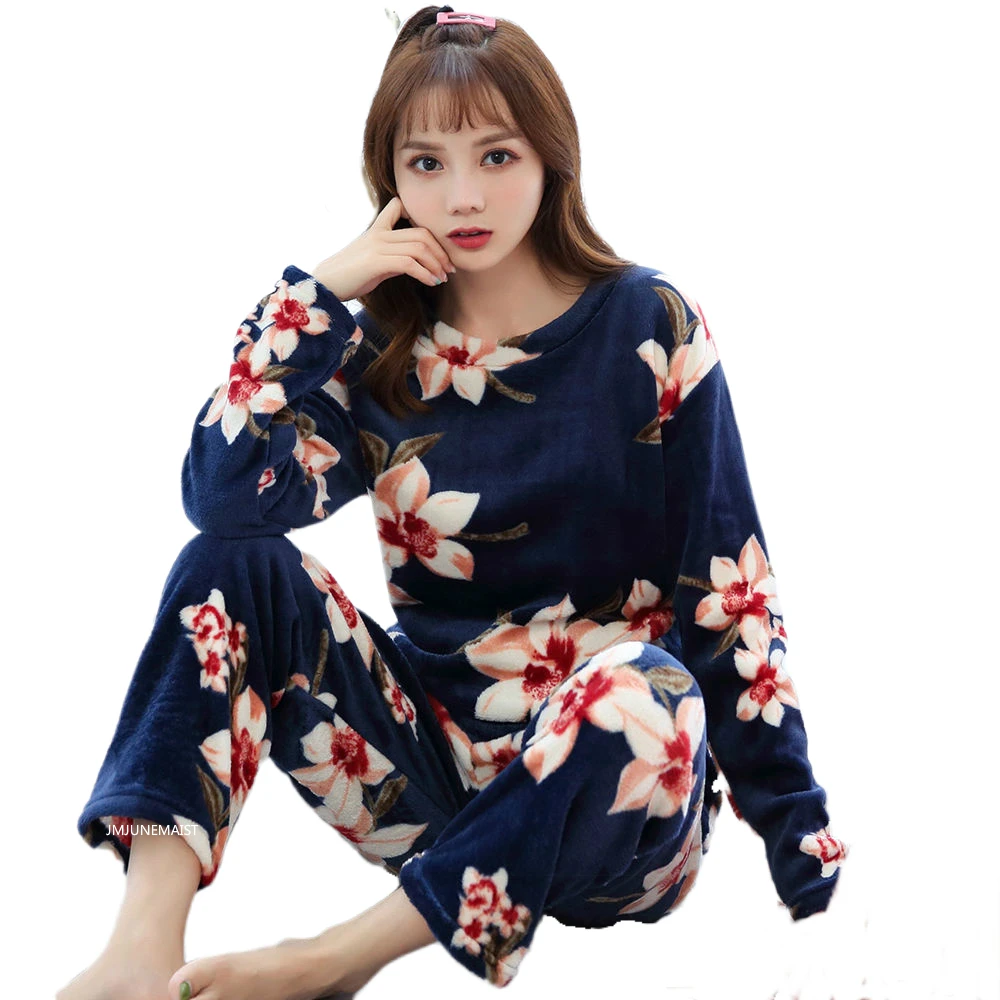 pajamas Зимние теплые пижамы для женщин с длинным рукавом, толстые коралловые бархатные пижамные комплекты, цветочные фланелевые бархатные пижамы Feminino Pijama Mujer - Цвет: pajamas