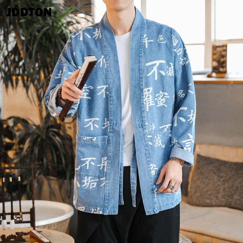 JDDTON весеннее льняное кимоно для мужчин модный Свободный кардиган с надписью