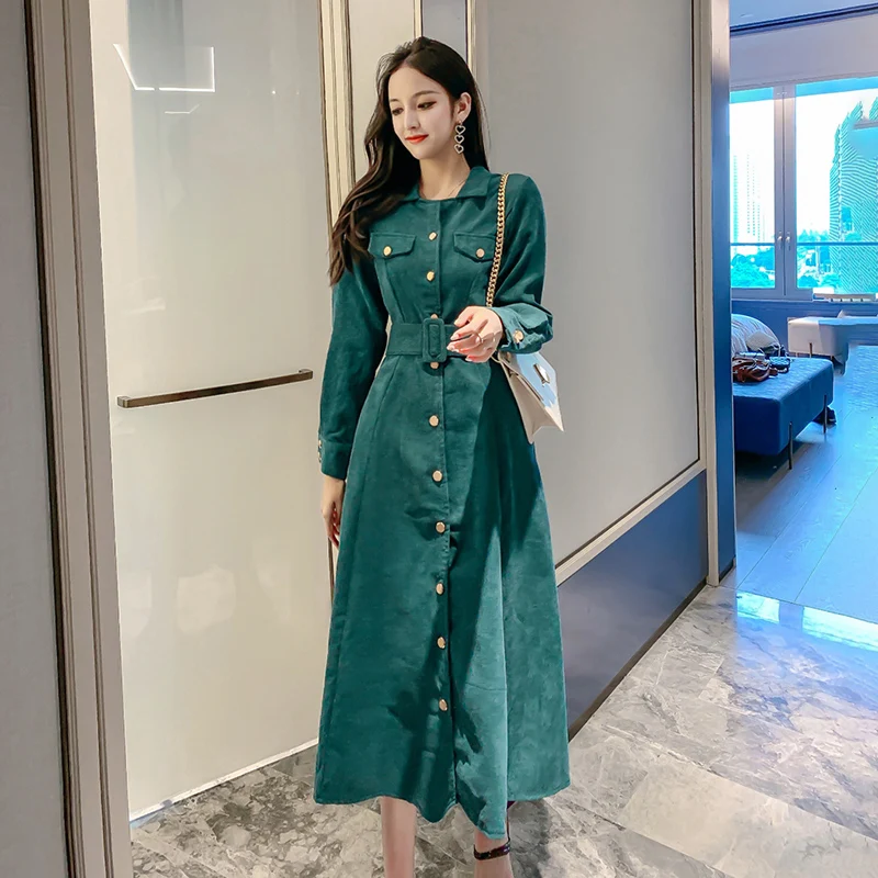 

Spring Autumn Corduroy Dress Women Elegant Vintage Midi Ladies Dresses Korean Long Sleeve Single-breasted Shirt Female Dress