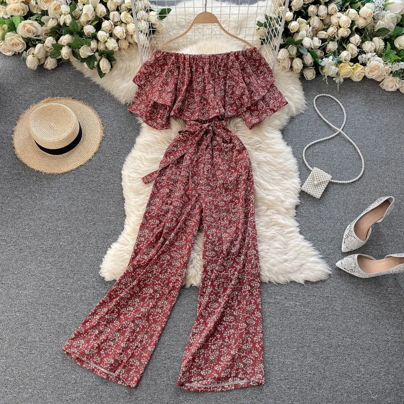 

Women Jumpsuit Sweet Off Shoulder Short Sleeve Vintage Print Lace Up Waist Slim Holiday Jumpsuit Sashes Casual Wide Leg Pants