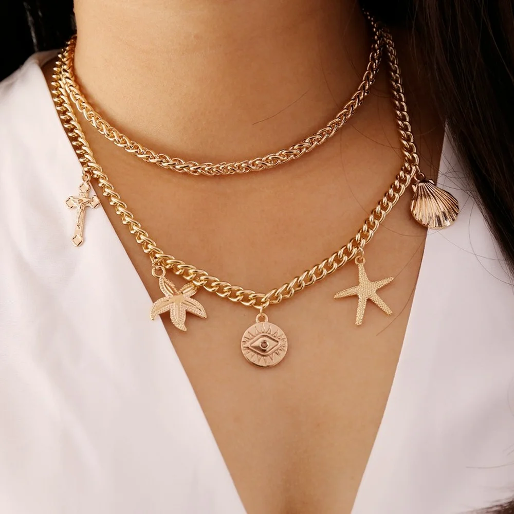 

Evil Eye Necklace for Women 2021 Boho Aesthetic Cross Vintage Accessories Jewelry Starfish Scallop Layered Clavicle Chain Choker