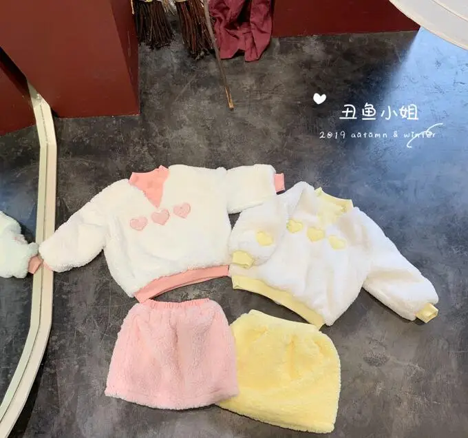 2019 г. Зимние Изысканные милые флисовые комплекты для маленьких девочек: топ + юбка