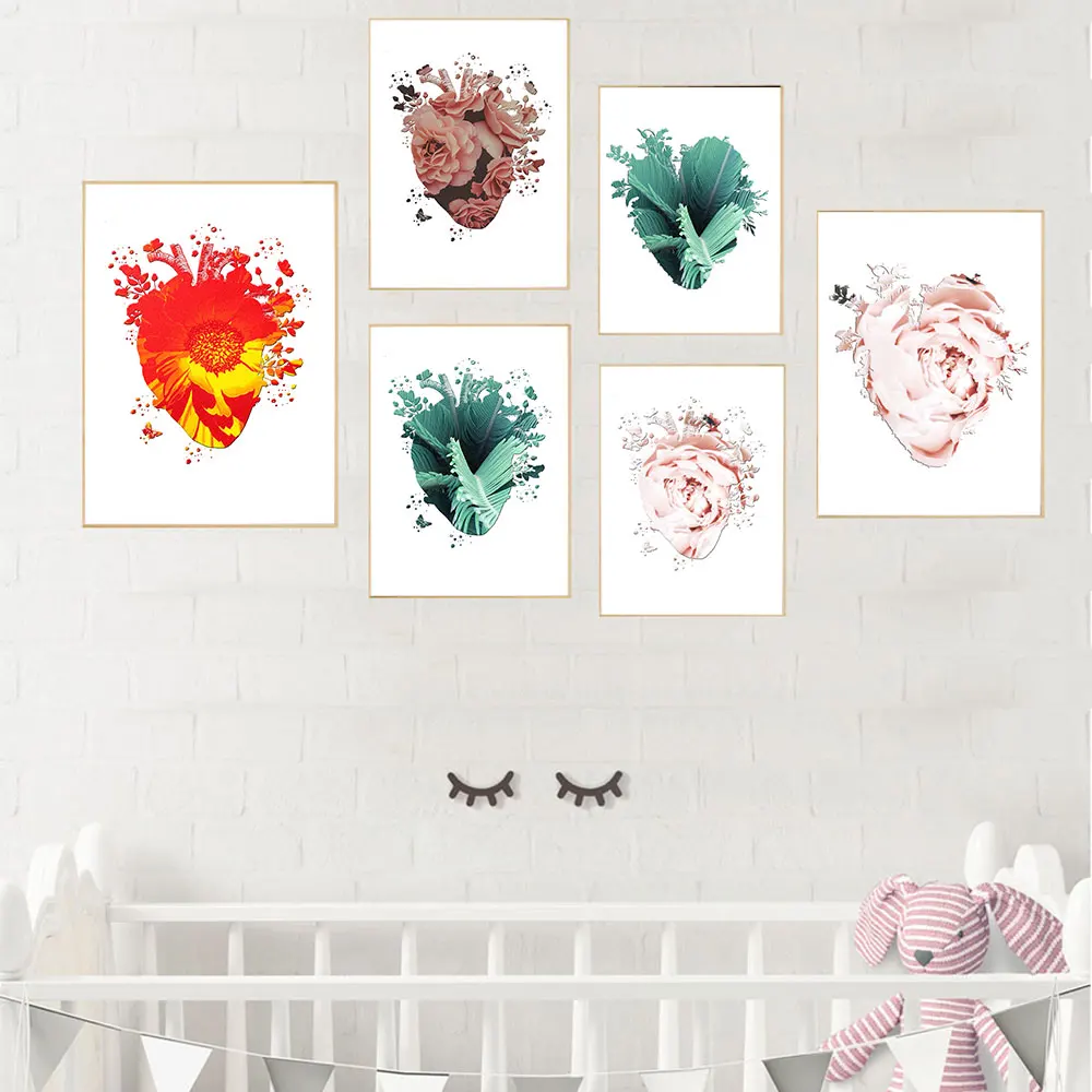 

Nordic Poster Canvas Minimalist Flowers And Green Plant Colorful Heart Painting Art Print Wall Picture Living Bedroom Home Decor