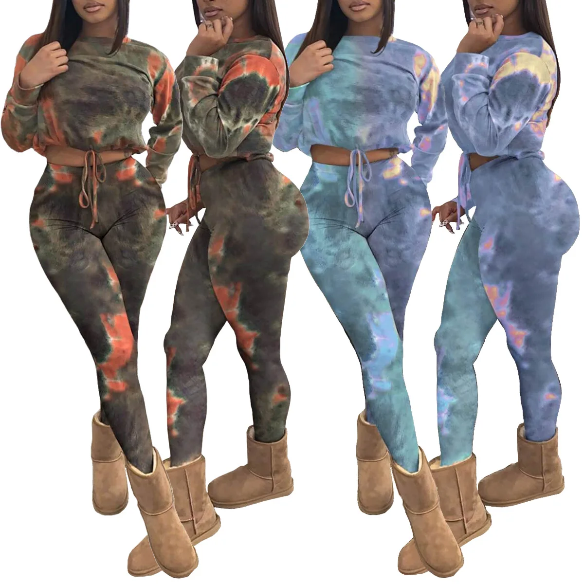 

Tie Dyeing Print Long Sleeve Crop Top and High Waist Skinny Legging Two Piece Sets for Women Fashion Bodycon Co-ord Outfits