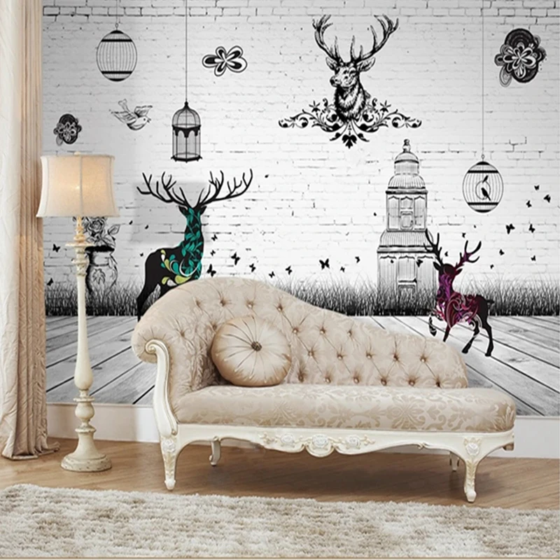 

Custom 3D Photo Murals Hand Painted Cartoon Elk Deer White Brick Wallpaper Kids Bedroom Living Room Kitchen Backdrop Wall Decor