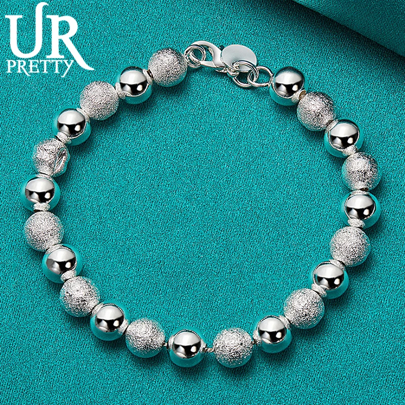 

URPRETTY 925 Sterling Silver 8mm Smooth Frosted Round Beads Chain Bracelet For Women Wedding Party Engagement Charm Jewelry