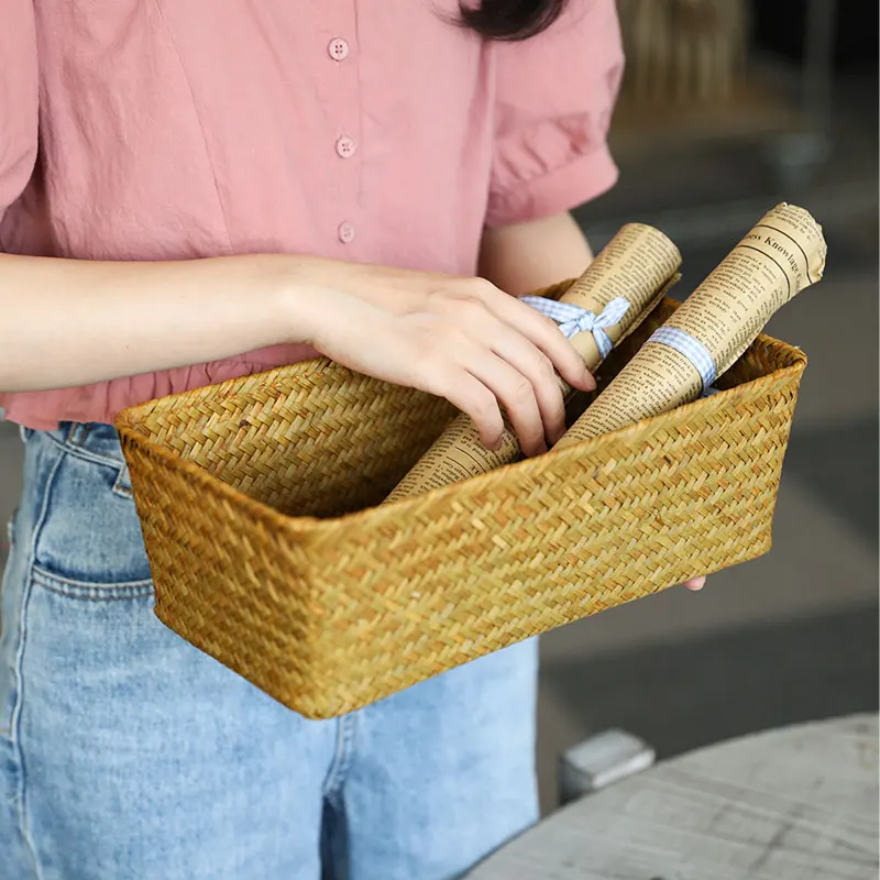 

Small Wicker Basket Fruit Bread Snacks Storage Boxes Remote Control Container Underwear Toys Cosmetic Organizer Rattan Basket