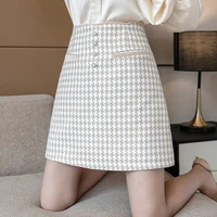 houndstooth plaid tweed skirts women pearls buttons high waist mini skirt korean autumn pencil skirts plus size zipper 2020 x515