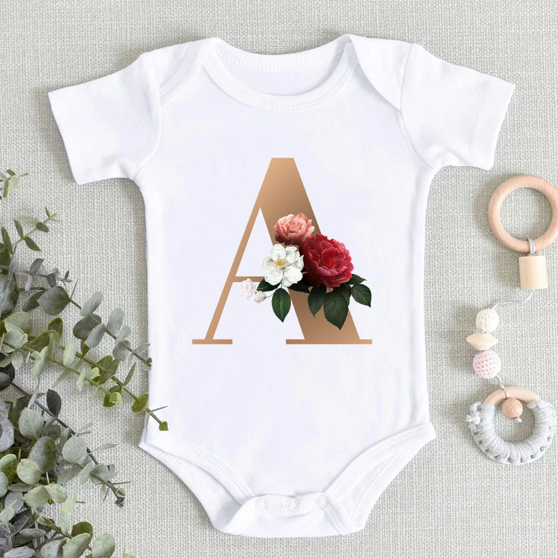 

Newborn White Jumpsuit 26 English Letters Flowers Graphic Golden ABCDE Printed Baby Romper Infant Summer Short Sleeve Onesies