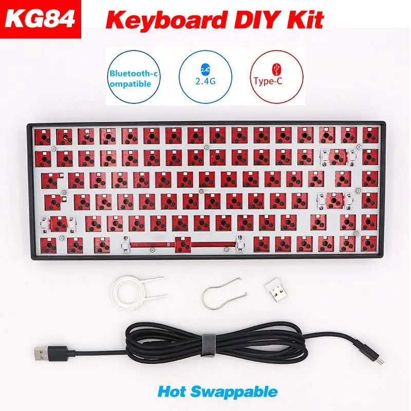 

Клавиатура с 84 клавишами, набор на заказ, USB, проводная/Bluetooth-совместимая/2,4 ГГц, три режима Hotswap, монтажная пластина, чехол, RGB подсветка
