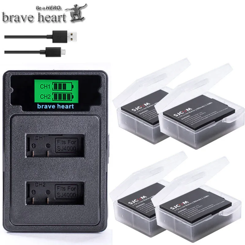 charger and 4battery Аккумулятор SJCAM sj4000+ sj 4000 sj 5000 sj 6000 Dual USB зарядное устройство для камеры sj4000 sj5000 sj6000 sj7000 SJ8000 SJ M10 - Цвет: charger and 4battery