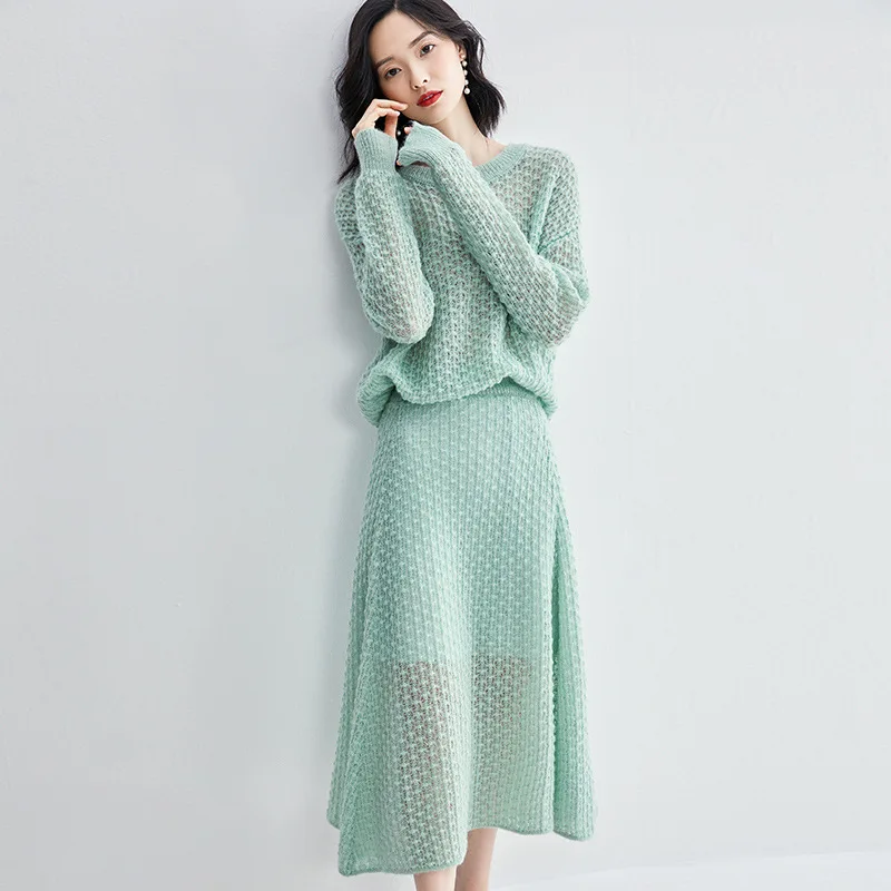 Женский костюм двойка с юбкой Свободный вязаный свитер длинным рукавом и