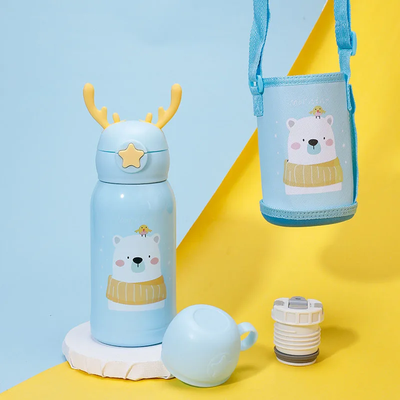 

500Ml Kids Stainless Steel Straw Thermos Mug With Strap Cartoon Leak-Proof Vacuum Flask Children Thermal Water Bottle Thermocup