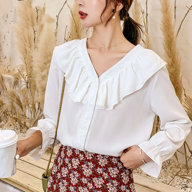 шифоновые блузки с длинным рукавом v образным вырезом для офиса Модные женские