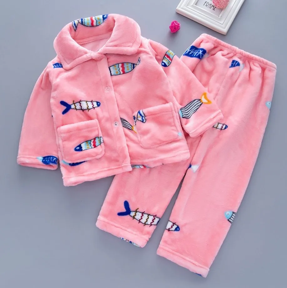 

Autumn and winter new children's flannel pajamas home wear boys and girls double faced plush coral velvet