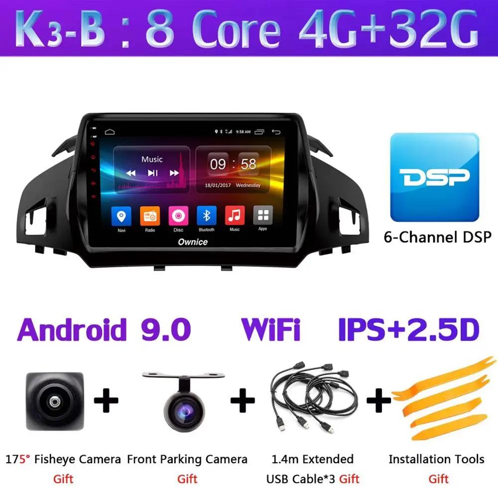 K3-B Панорамная камера 360 ° 4G SIM WiFi Android 9,0 4G+ 64G SPDIF DSP CarPlay Автомобильный плеер для Ford Kuga 2013- C-Max gps радио - Цвет: K3-B