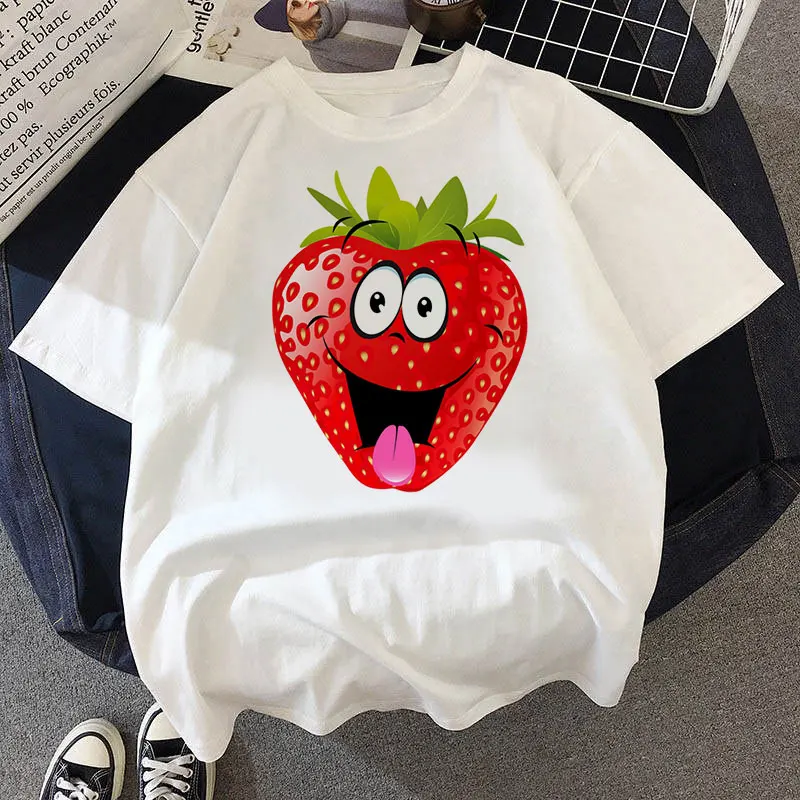 

Women's T-shirt cute strawberry funny printing T-shirt women Fashion Soft Casual White T shirts Tops