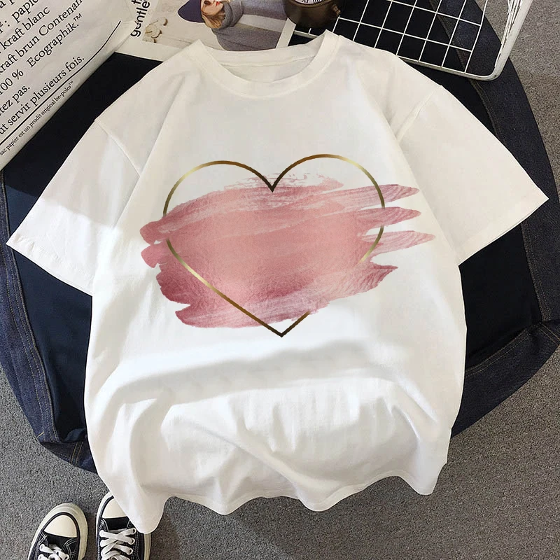 

Camiseta feminina moda feminina camiseta rosa amor impressão topo gráfico casual camiseta mulher kawaii harajuku novo verão cami