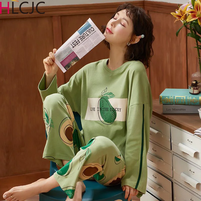 Повседневные корейские пижамы с длинными рукавами и принтом авокадо Женская