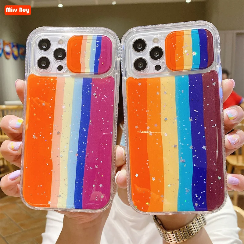 

High Quality Silicone Rainbow Epoxy Push the Window Case for iPhone 13 12 11 Pro max Mini X XR XS Max 7 8 6 6s Plus SE2020 Cover