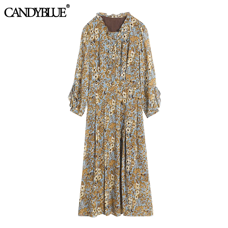 

Nine-point sleeve floral chiffon dress candyblue 2022 spring new fashion lotus leaf collar French retro casual dress women