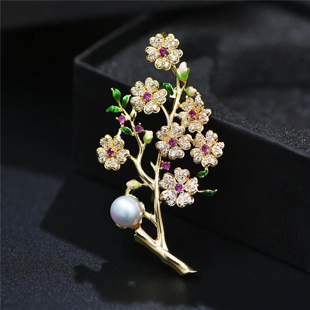 Брошь из пресноводного жемчуга с цирконием в форме цветка сливы корсажный штифт