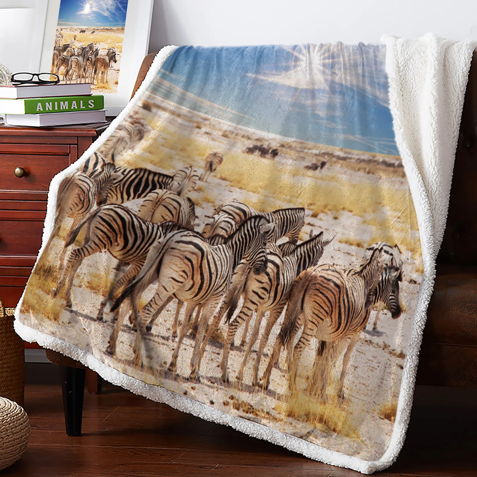 

Одеяло для кровати, теплая зимняя флисовая подстилка с изображением зебры, луга, животных, пейзажа