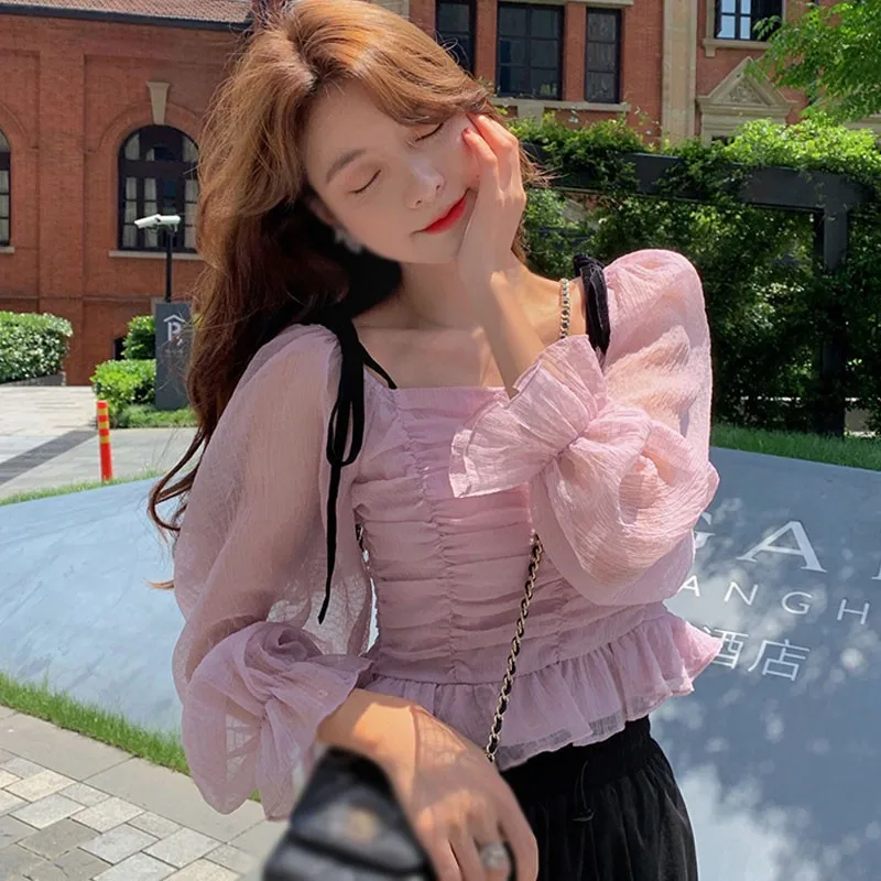 

Women's Fashion Floral Print Slash Neck Sexy Sweet Chiffon Long Sleeve Shirt Blouses