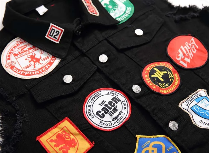 

Mcikkny Men's Vintage Denim Vest Fashion Badge Waistcoats For Male Sleeves Jeans Jackets Streetwear
