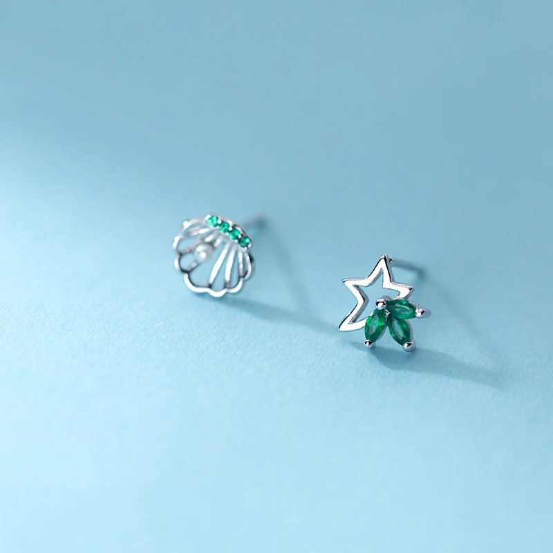 

INZATT Real 925 Sterling Silver Zircon Star Shell Stud Earrings For Fashion Women Asymmetry Fine Jewelry Punk Accessories