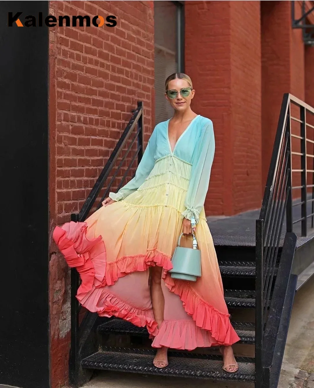 Maxi Dress Women Rainbow Gradient KALENMOS Summer Boho Long Sleeve Elegant Beach Cardigan Loose Ocean Chic Evening Party Vestido | Женская