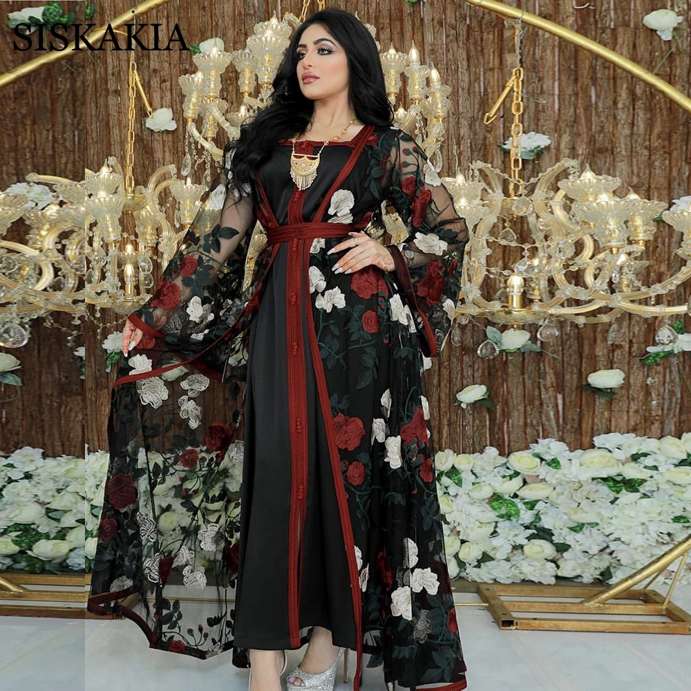 Женское длинное платье-Абая Siskakia, с вышивкой, из тюля, в арабском, турецком стиле, мусульманское, Исламская одежда для женщин