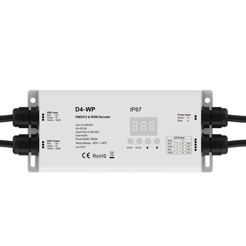 DMX 512 RDM декодер D4 WP DC 12V 24V 36V постоянное напряжение водонепроницаемый IP67 4 канала 20A