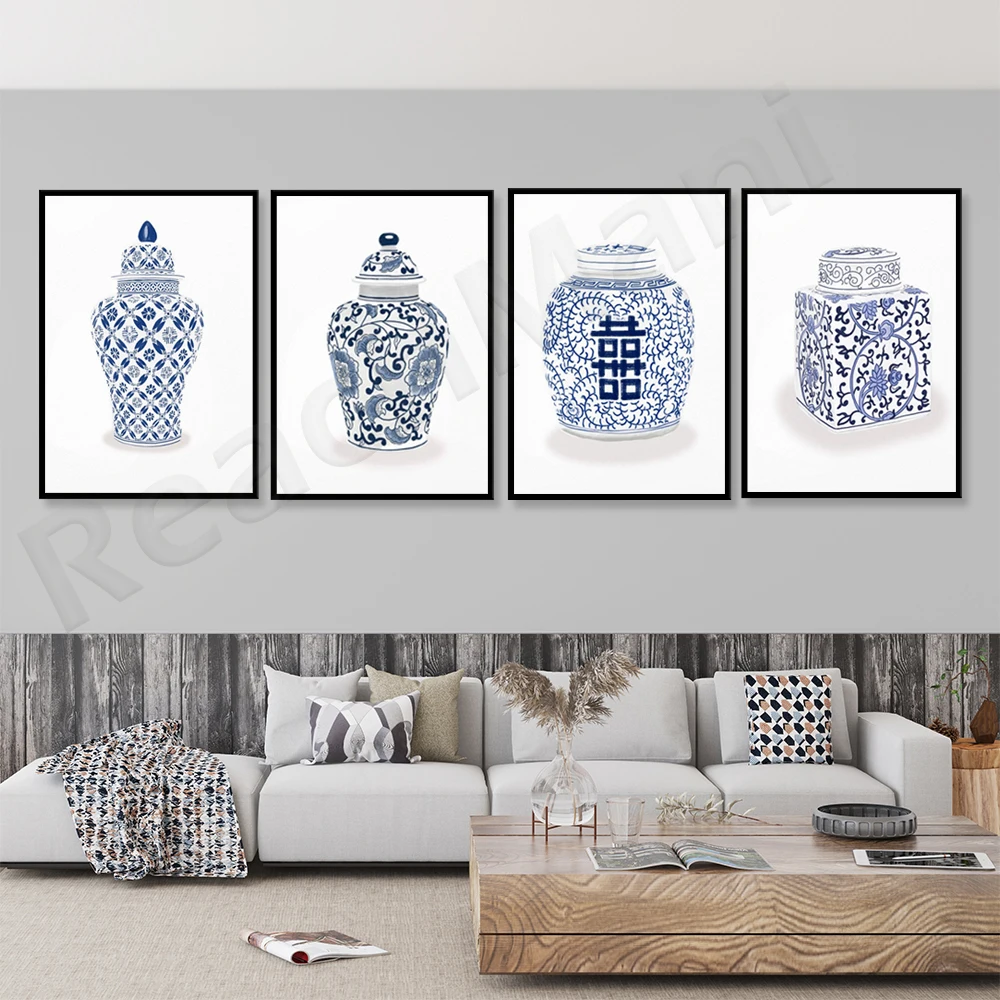 

Blue and white ginger jar, watercolor blue and white porcelain print, Chinese vase poster, Hampton style home decoration gift